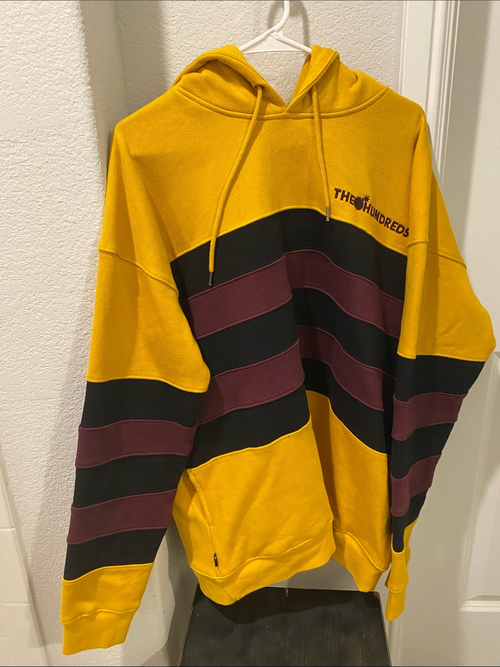 The Hundreds Yellow Hoodie with Black & Maroon Stripes men’s L